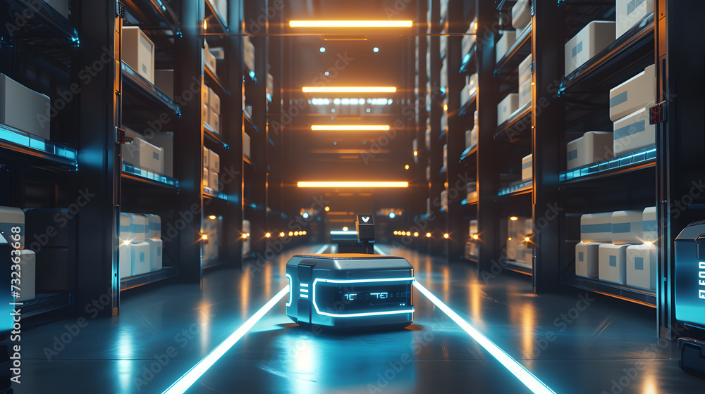 Poster a warehouse with robots moving through it.