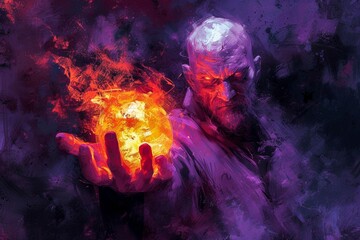 Fototapeta premium A fiery masterpiece, a man's hand holds a blazing sphere of artistry in a mesmerizing painting