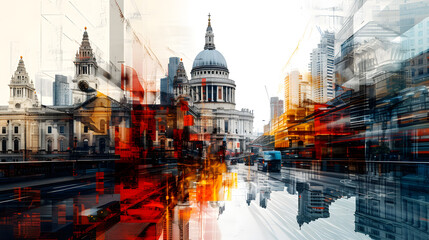 abstract cityscape featuring a cathedral, multiple red buses, a car, and a traffic light. The elements are distorted and blurred