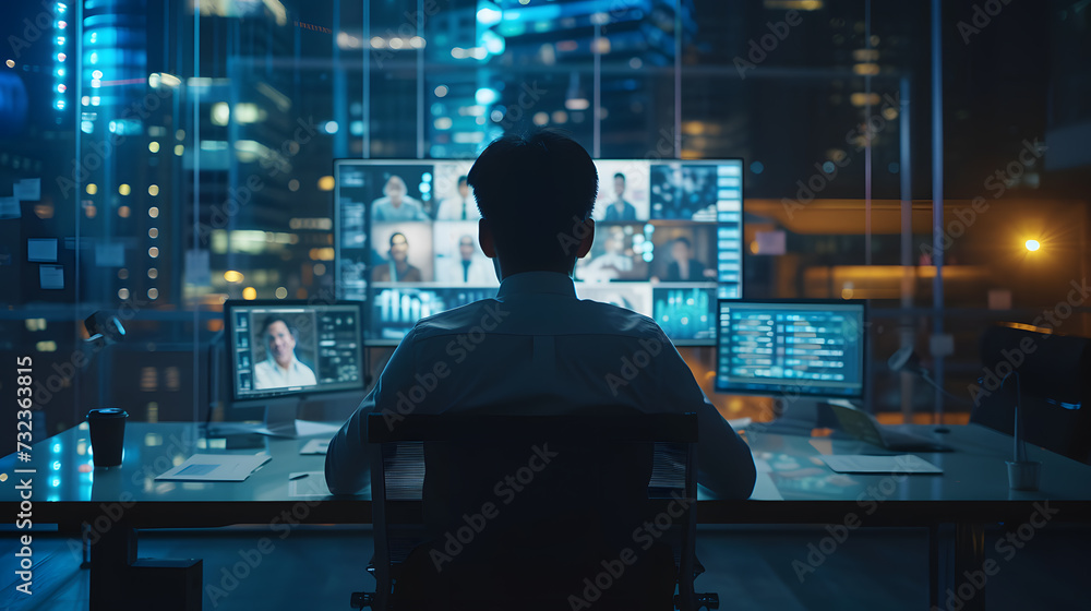 Poster a man sits online meeting at a desk in front of a large screen displaying.