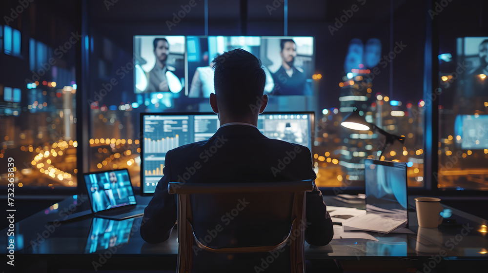 Poster a man sits online meeting at a desk in front of a large screen displaying.
