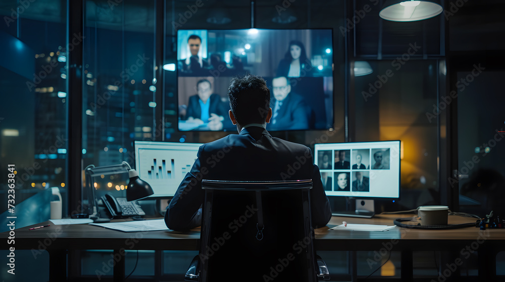 Poster a man sits online meeting at a desk in front of a large screen displaying.