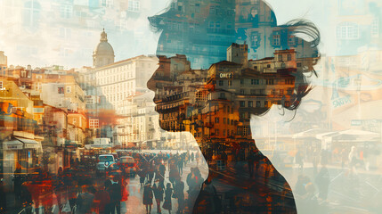 A woman's profile is superimposed over a cityscape, with a crowd of people walking down a street. - obrazy, fototapety, plakaty