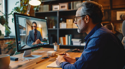 A man sitting at a table in front of a computer The computer screen displayed another man.