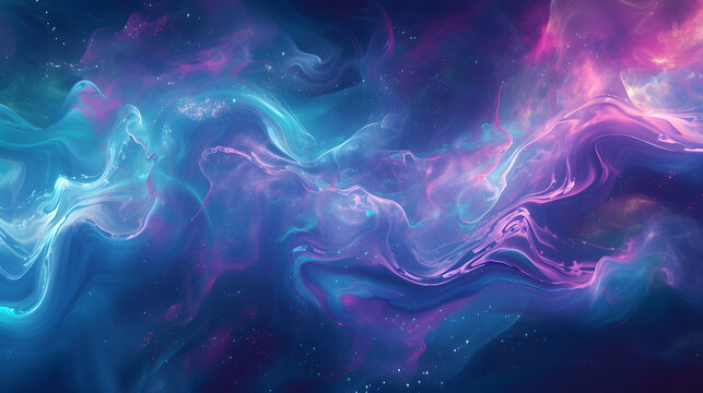 An abstract space painting with swirling shapes in shades of blue, purple and pink.