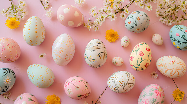Pastel Easter eggs on pink background top view with natural light