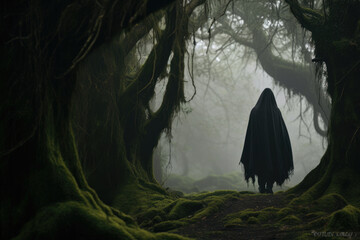 Mysterious figure in cloak walking through eerie mossy forest. Fantasy and adventure.