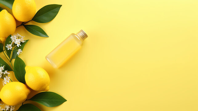 Beautiful transparent bottle with cosmetic moisturizing facial serum or lotion made of natural ingredients on yellow lemon background with fresh lemons, copy space. Advertising banner of your cosmetic