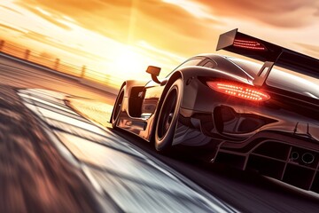 A sleek black sports car races down a winding road against a fiery sunset sky, its powerful wheels gripping the pavement as a lone person admires its flawless automotive design