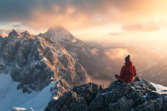 Person in red jacket sitting on mountain peak at sunrise, overlooking majestic snowy mountain range.
