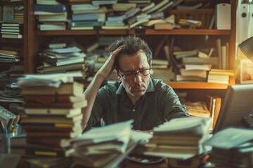 Overwhelmed by knowledge, a man stands among towering books in his study, contemplating the weight of his intellect - obrazy, fototapety, plakaty