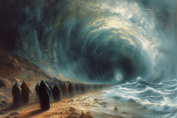 Exodus of the bible, Moses splits the red sea and crosses with the Israelites the water, escape from the Egyptians
