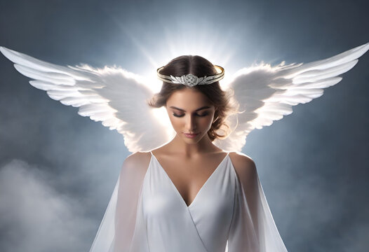 flying angel on minimal background, between clouds