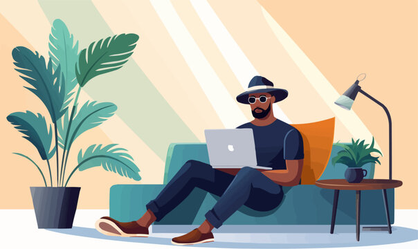 Freelancer Guy With Laptop, Sitting On The Sofa In Comfortable Mid Century Modern Living Room. Black Young Man Working From Home. Cartoon Male Character In Interior Scene Vector Illustration