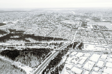 Top view of a frozen winter city