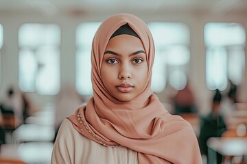 Modest and Modern: Muslim student woman confidently wears hijab. - obrazy, fototapety, plakaty