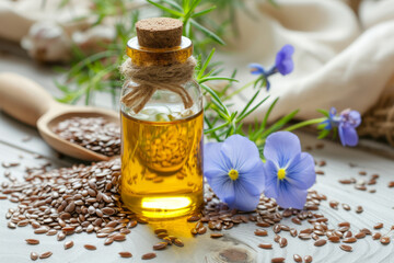 Flaxseed oil bottle with seeds and blue flowers on wooden background.