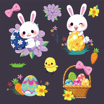 Little bunny hugs an Easter egg, Cute cartoon illustration of kids, character cartoon, Vector illustration.