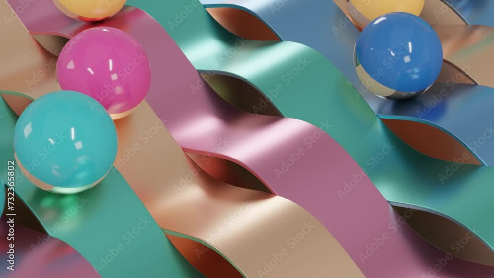 Poster dynamic geometric design: abstract 3d animation of colorful spheres rolling on sinusoidal ribbons in