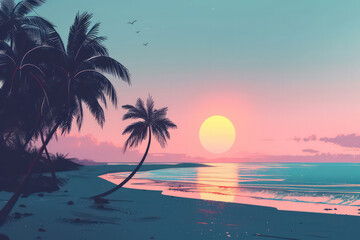 Drawing tropical beach summer background. Graphic illustration design. Generative ai. - obrazy, fototapety, plakaty