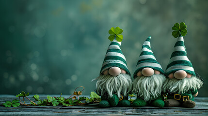 Set of St Patrick's Day gnomes in striped and decorated hats with four leaves clovers - luck symbols. Space for text