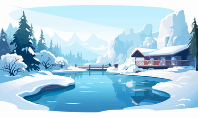 Thermal Hot Springs in Winter vector flat isolated vector style illustration -