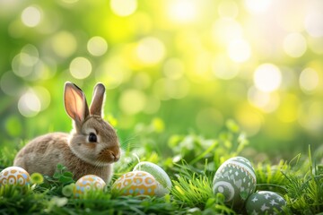Happy Easter Eggs Basket Garden. Bunny in flower easter Bold decoration Garden. Cute hare 3d bouquet easter rabbit spring illustration. Holy week lively card wallpaper Storyboard