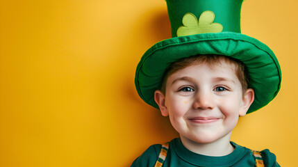 Smiling little child boy in green leprechaun hat on yellow background. St. Patrick's Day celebration. Funny face, Space for text