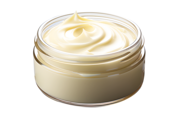 Hygienic white color paint face cream in jar moisturizer smear. isolated on cut out PNG or transparent background. Makeup realistic cosmetics for women. Beauty facial cosmetic product texture.	