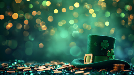 St Patrick's Day Concept. Styled with a green leprechaun hat and gold coins party lights background - obrazy, fototapety, plakaty