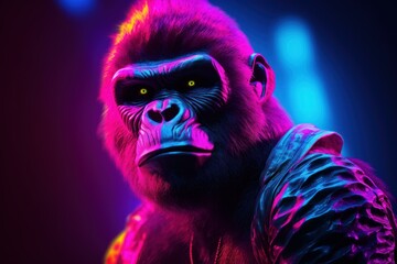 Vivid Neon monkey portrait. Cool face. Generate Ai