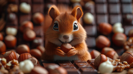 In this adorable picture, a charming squirrel is surrounded by delicious pieces of chocolate, creating an irresistible scene of sweet indulgence.



