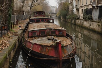 An old boat in the city canal on the water