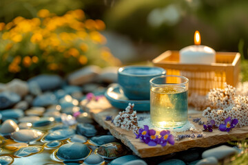 Obraz na płótnie Canvas Nature's Spa: Serene Candlelight Tea Ceremony