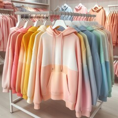  Colorful hoodies and sweatshirts hang on hangers in clothing store