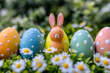 Happy Easter Eggs Basket rosette. Bunny in flower easter baubles decoration Garden. Cute hare 3d radiant easter rabbit spring illustration. Holy week adorable card wallpaper Flower