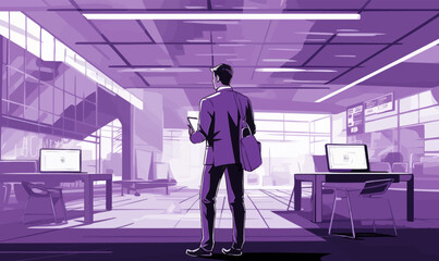 Vector illustration of business man standing in modern office, holding laptop. Monochrome purple grey color palette drawing