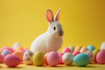 Happy Easter Eggs Basket hijinks. Bunny in flower easter excited decoration Garden. Cute hare 3d urban easter rabbit spring illustration. Holy week mild card wallpaper furry friend