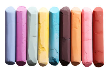 Stack of Different Colorful chalk  isolated on cut out PNG or transparent background. Close up. Arranged as rainbow spectrum. Educational stationery. Realistic clipart template pattern.