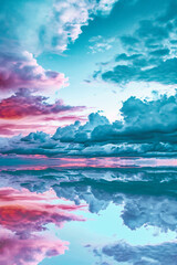 Colorful sky with clouds reflected in water at sunset. Nature background