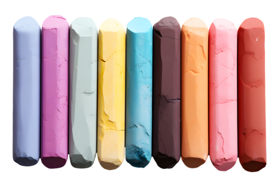 Stack of Different Colorful chalk  isolated on cut out PNG or transparent background. Close up. Arranged as rainbow spectrum. Educational stationery. Realistic clipart template pattern.