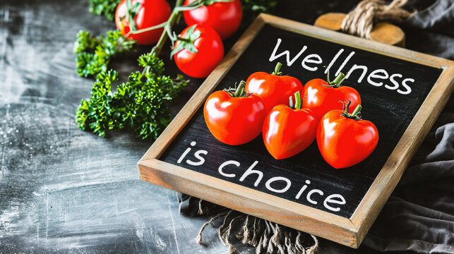 Fresh tomatoes on a blackboard with a chalkboard with the inscription Wellness is a choice