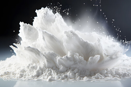 Image pour white powder on  floor. Cellulose powder,  powder on black background. industrial substance used in paper raw material or food. Realistic clipart template pattern.
