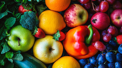 Naklejka na ściany i meble Variety of fruits and vegetables at the farmers market. Healthy food background