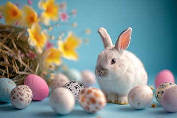 Happy Easter Eggs Basket Vintage. Bunny in flower easter planting decoration Garden. Cute hare 3d church easter rabbit spring illustration. Holy week royal blue card wallpaper aqua
