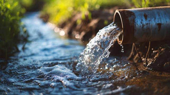 Water flows from the pipe into the river. Selective focus.