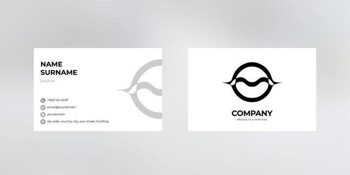 Stylish business card design template with a black round logo on a white background, two-sided vector business card layout