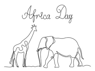 Africa Day. Abstract elephant and giraffe continuous one line art hand drawing sketch card