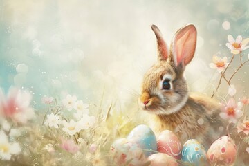 Happy Easter Eggs Basket church. Bunny in flower easter black bunny decoration Garden. Cute hare 3d Sky easter rabbit spring illustration. Holy week jogging card wallpaper Sunflower