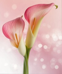 Pink callas flowers in soft focus for a romantic pink touch. Zantedeschia is the botanical name but these flowers are also commonly named Arum Lily or Calla and Cally Lily